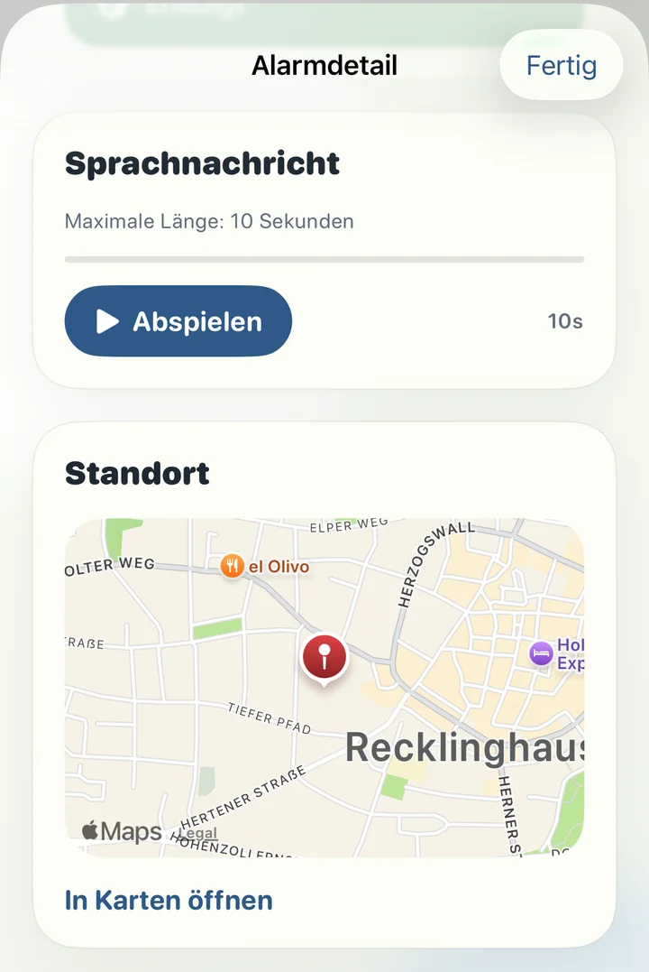 Alarmdetail mit Sprachnachricht, Standort und Notfallpass