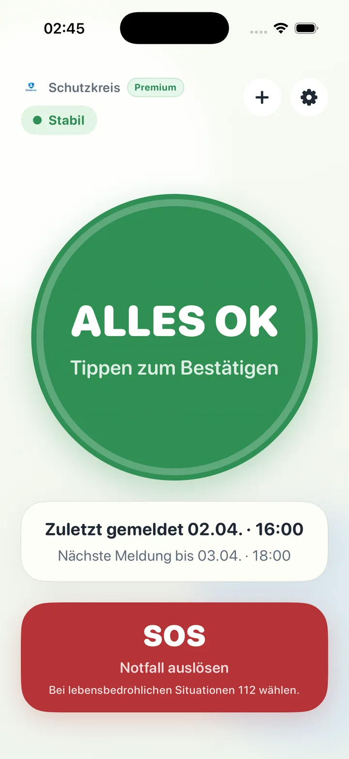 Schutzkreis Startscreen mit Alles OK