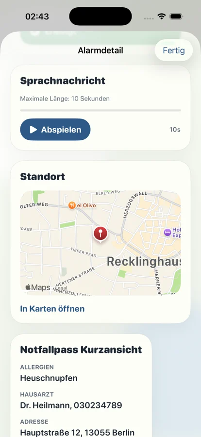 Alarmdetail mit Standort, Sprachnachricht und Notfallpass