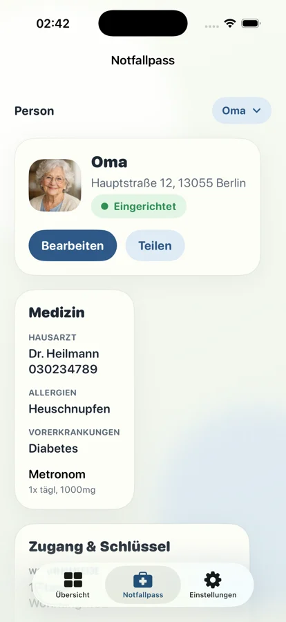 Digitaler Notfallpass mit Medizin, Allergien, Vorerkrankungen und Hausarzt